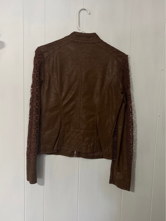dark brown leather jacket with lace/ Brown Faux Leather Jacket with Lace Sleeves - Picture 3 of 4